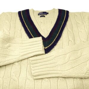 POLO RALPH LAUREN Vintage Sweater Cream Wool Cable Knit V-Neck Cricket Jumper L